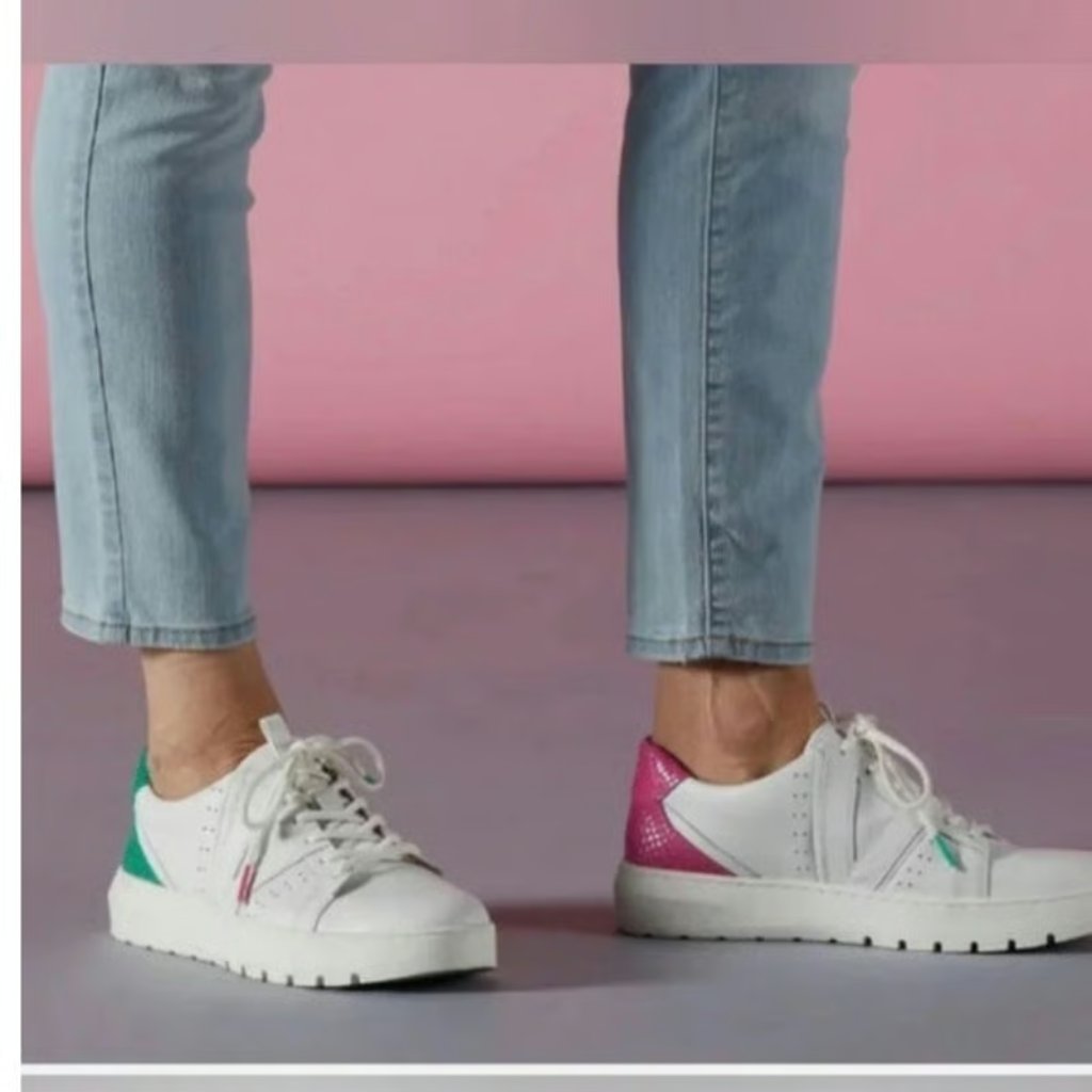 Vionic Simasa Abyss White Leather Sneakers With Pink And Green Accentssize 6